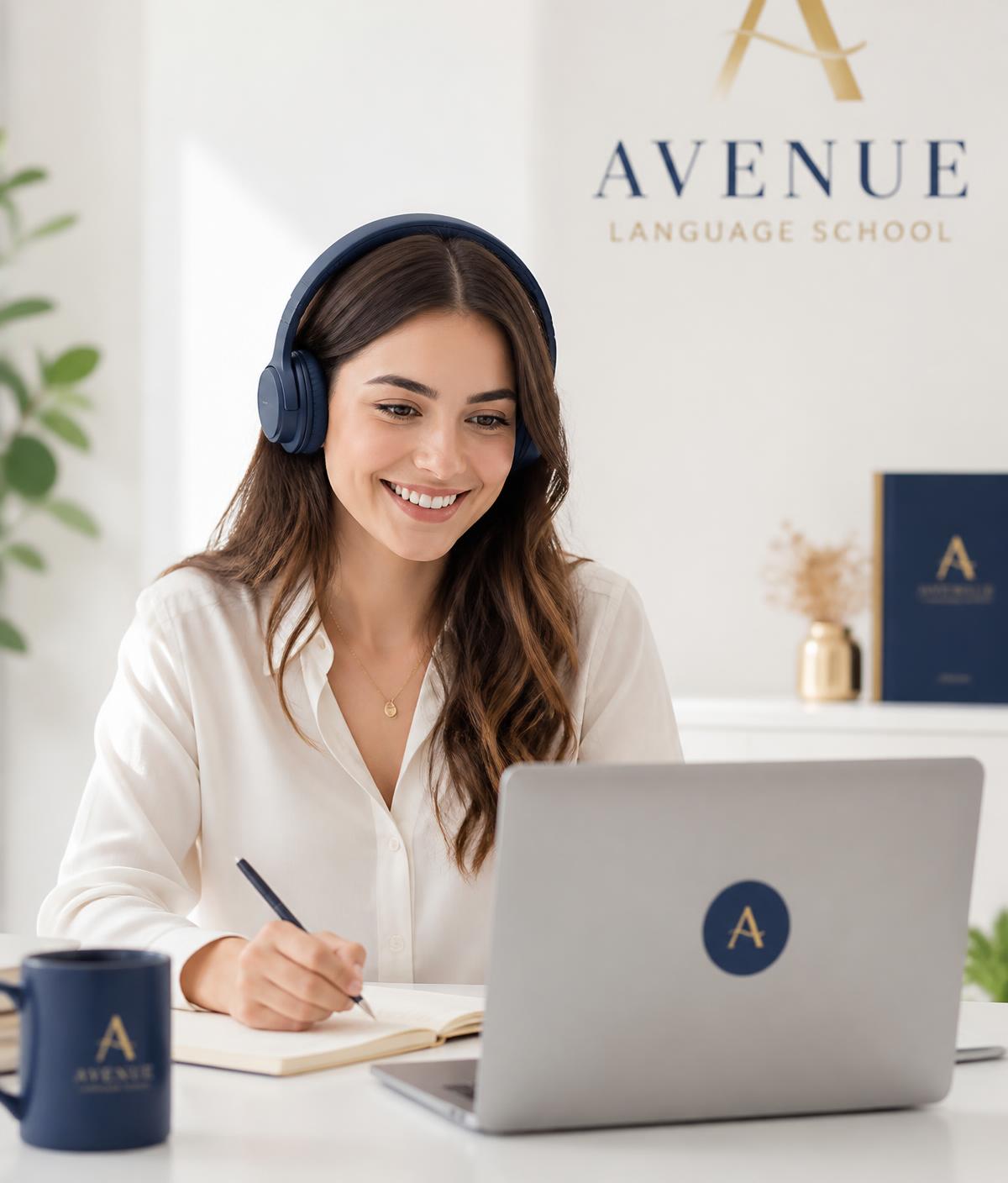 Student attending a live online English class with a trainer